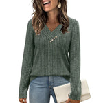 Women's Ribbed V-Neck Button Detail Top