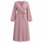 Women's Pleated Wrap V-Neck Maxi Dress