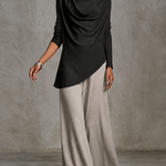 Black Draped Cowl Off Shoulder Long Sleeve Top & Light Heather Grey Wide Leg Pants Two Piece Set