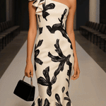 24-Hour-Shipping Off Shoulder Biege Midi Bodycon Dress With Black Elegant Print