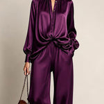Womens Satin Stand Collar Button Down Shirt High Waist Wide Leg Trousers Luxury Purple Two Piece Set Outfit