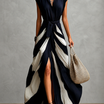 Women Collared Wrap Maxi Dress, Tie Waist Color Block High Slit Flowy Party Maxi Dress