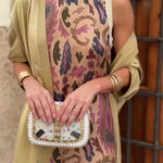 Elegant printed two-piece dress with cape
