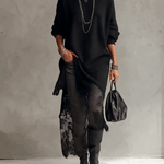 24-Hour-Shipping Black Loose Fit Mohair Knit Midi Dress With Lace Hem