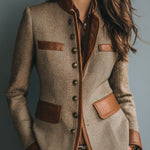Sophia | Women's Vintage Herringbone Tweed Leather-Trim Button-Front Jacket