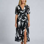 Phoebe Harrison | V-Neck Puff Sleeve Pleated Midi Dress For Women